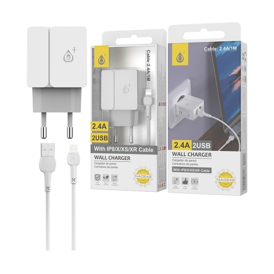 Carregador de Parede EU OnePlus NA0242 com Cabo para IP8/X/XS/XR 2 USB 5V/2,4 Branco Carregador de Parede EU OnePlus NA0242 com Cabo para IP8/X/XS/XR 2 USB 5V/2,4 Branco